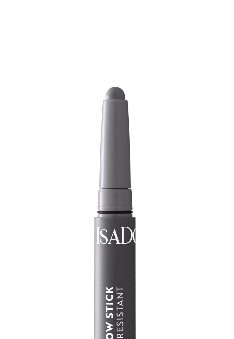 Crayon à paupières gris avec une pointe arrondie et un mécanisme à vis, présentant une finition mate et une branding imprimée pour une identification facile.