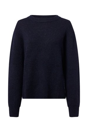 Granatowy, dzianinowy sweter z okrągłym dekoltem, długimi rękawami i lekko skróconym dołem. Miękka tekstura i luźny krój. Bez wzorów ani dodatków.