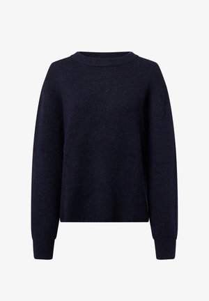 Marineblauwe gebreide trui met een ronde halslijn, lange mouwen en een iets verkorte zoom. Zachte textuur en comfortabele pasvorm. Geen patronen of hardware.