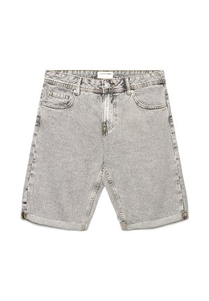 Shorts in denim grigio con design classico a cinque tasche, chiusura con bottone e orli arrotolati, distesi su sfondo bianco.