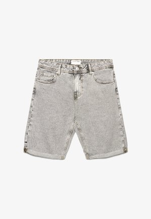 Shorts in denim grigio con design classico a cinque tasche, chiusura con bottone e orli arrotolati, distesi su sfondo bianco.