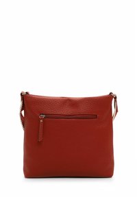 Red leather crossbody bag with a textured surface, top zip closure, and front zip pocket. Features an adjustable strap for versatility.
