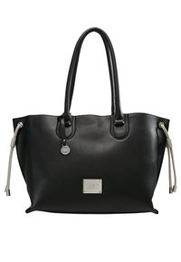 Sac fourre-tout en cuir noir avec doubles anses, cordons latéraux beiges et une petite plaque de marque argentée sur le devant.