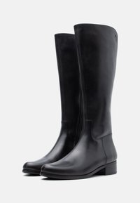 Knöchelhöhe schwarze Lederstiefel mit glatter Oberfläche, abgerundeter Zehenpartie, kleinem Blockabsatz und minimalen Nähten für einen eleganten Look.