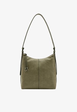 Torebka oliwkowa z fakturą skóry krokodyla, z pojedynczym regulowanym paskiem na ramię i dwoma wiszącymi suwakami z przodu.