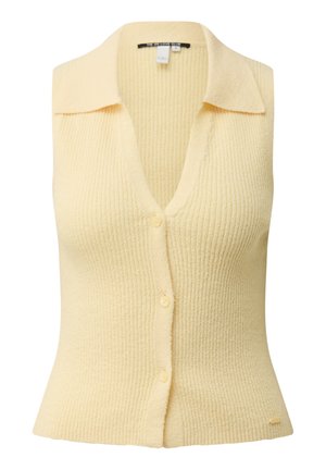 Cardigan sans manches jaune pâle en maille côtelée avec col et trois boutons sur le devant, coupe ajustée, tissu doux et texturé.