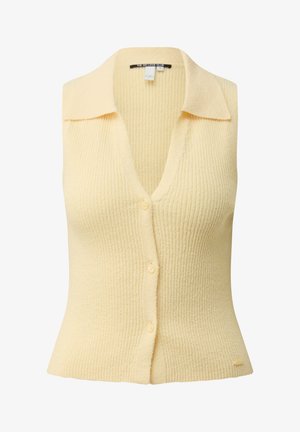 Cardigan sans manches jaune pâle en maille côtelée avec col et trois boutons sur le devant, coupe ajustée, tissu doux et texturé.
