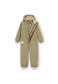 Khaki overall sneeuwpak met een afneembare capuchon, sluiting met drukknopen aan de voorkant, twee zijzakken en een witte sterdetail op het linkerkruid.