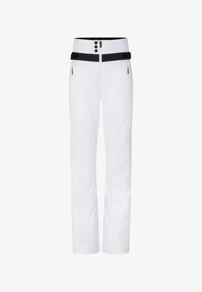 Weiße Skihosen mit geradem Schnitt, ausgestattet mit einem schwarzen Bund, Reißverschluss und Knopfverschluss. Enthält seitliche Taschen mit Reißverschluss.