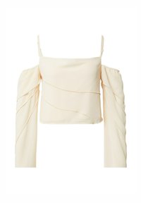 Hellbeige, verkürztes Oberteil mit schulterfreien Ärmeln, das weiche Falten und eine glatte Textur aufweist. Verstellbare Träger und eine figurnahe Passform.