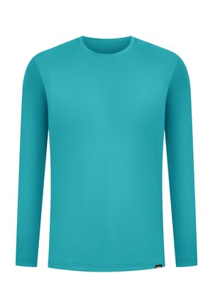 Turkoois langemouwshirt, gemaakt van gladde stof, met een ronde hals en geen zichtbare patronen of accenten. Eenvoudig ontwerp en moderne snit.