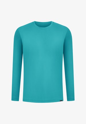 Turkoois langemouwshirt, gemaakt van gladde stof, met een ronde hals en geen zichtbare patronen of accenten. Eenvoudig ontwerp en moderne snit.