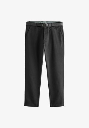 Zwarte katoenen broek met een rechte snit, voorzien van een riem met een vierkante metalen gesp, zijzakken en een gladde, stevige textuur.