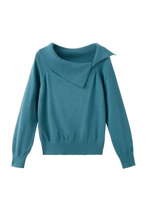 Maglione verde acqua a maniche lunghe con ampio colletto asimmetrico a coste e polsini e orlo a coste.