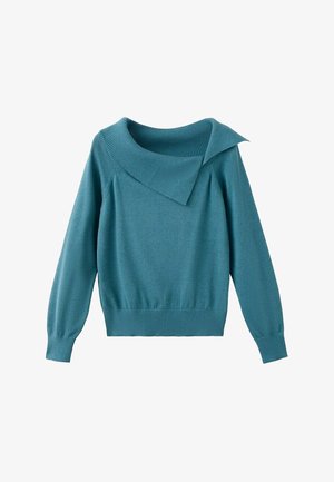 Pull à manches longues couleur sarcelle avec col asymétrique large à côtes et poignets et ourlet côtelés.