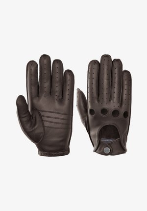 Braune Lederfahrhandschuhe mit perforierten Details, drei genähten Linien auf dem Rücken und einer ausgeschnittenen Handfläche mit runden Öffnungen.