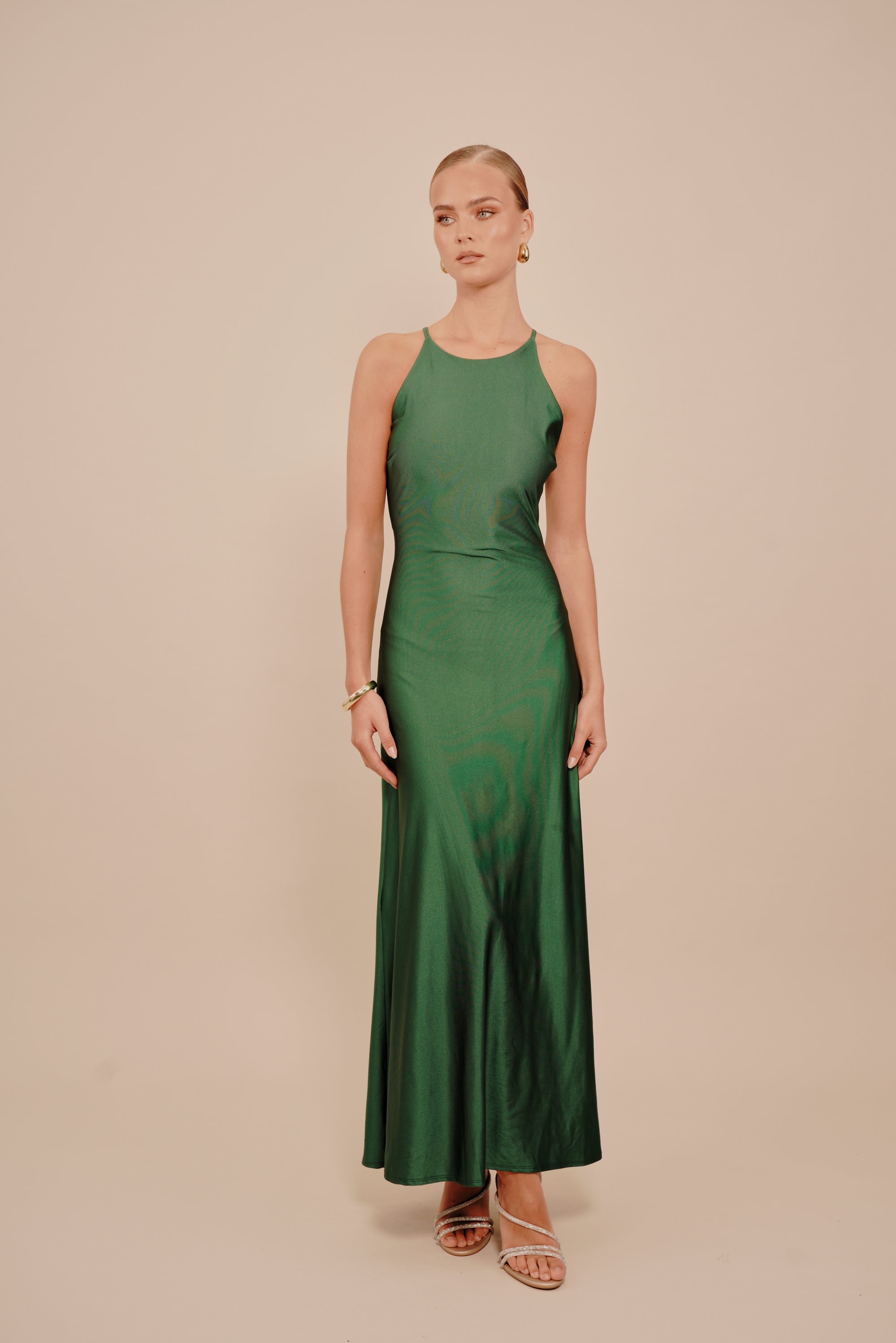 slim fit dress slacks Emerald Green Strappy Back Sexy Slit A-line Satin Dress