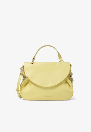 Gelbe Lederhandtasche mit Obergriff, Klappverschluss, seitlichen Blumenapplikationen und abnehmbarem Schulterriemen.