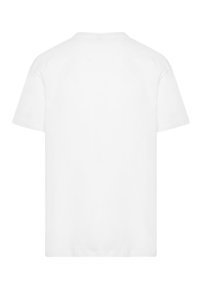 White cotton t-shirt, short sleeves, crew neck, plain design, no patterns, soft texture, standard unisex fit.