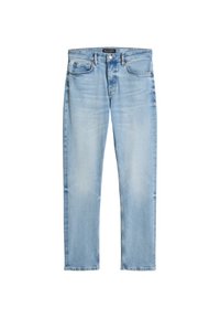 Jean en denim bleu clair avec une coupe droite, cinq poches et une fermeture éclair. Les détails usés ajoutent de la texture au tissu.