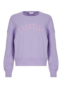 Fialová mikina s okrúhlym výstrihom a dlhými rukávmi. Na hrudi sa nachádza pink vyšívaný nápis "LAURELLA". Mäkká textúra materiálu.