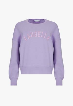 Fialová mikina s okrúhlym výstrihom a dlhými rukávmi. Na hrudi sa nachádza pink vyšívaný nápis "LAURELLA". Mäkká textúra materiálu.