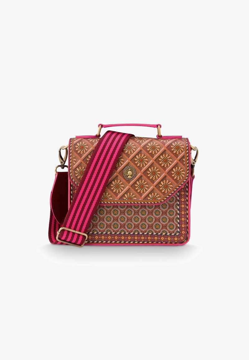Brown and pink patterned handbag with floral motifs, gold-tone clasp, and wide pink and dark red striped shoulder strap.