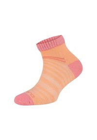 Krótka skarpetka w kolorze brzoskwiniowym z różowymi akcentami. Posiada poziome paski i prążkowany mankiet. Wykonana z lekkiego, elastycznego materiału.