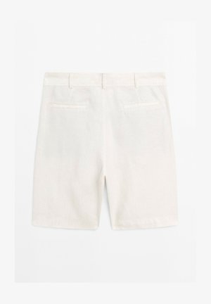 Beige Leinenhosen mit mittlerer Bundhöhe, flachem Vorderteil und zwei Gesäßtaschen. Glatte Textur und saubere Nähte.