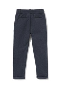 Ciemnogranatowe spodnie dresowe wykonane z miękkiego materiału, z elastycznym pasem, dwoma tylnymi kieszeniami i podwiniętymi mankietami.