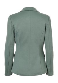 Vue arrière d'un blazer pour femmes ajusté à manches longues en vert atténué avec un col et des coutures tailleur.