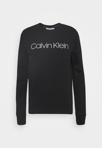 Sudadera negra de mezcla de algodón, con cuello redondo, mangas largas y un logo impreso en blanco centrado en el pecho.
