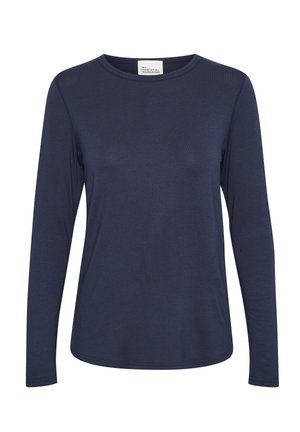 Navy long-sleeve shirt made of soft fabric with a crew neckline and a smooth texture. Features minimal stitching and a relaxed fit.