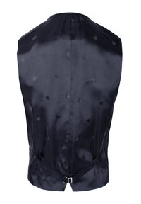 Marineblaues Satinweste mit glatter Oberfläche, ausgestattet mit einfarbigen, dreieckigen Mustern, einer Schnalle am Bund und einer taillierten Passform.