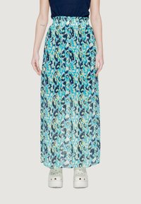 Gonna maxi con un motivo astratto in navy, aqua e verde, realizzata in tessuto leggero con cintura elastica e un design fluido.