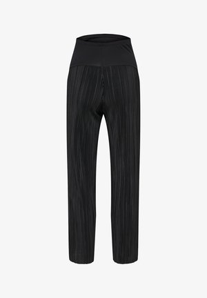 Svarte plisserte bukser med høyt liv, som har øvre del i glatt stoff og en strukturert nedre del. Rett ben med et design uten synlige beslag.