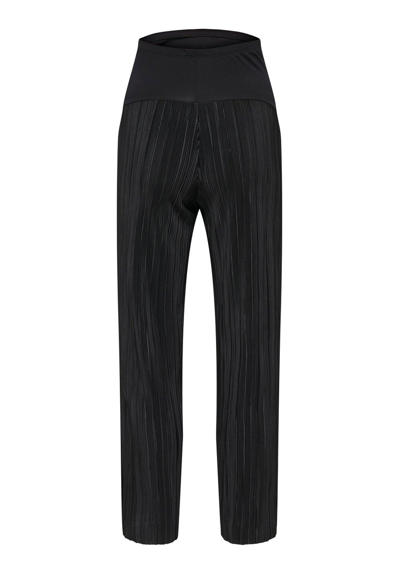 Μαύρο πλισέ παντελόνι με ψηλή μέση, διαθέτοντας ομαλό ύφασμα στο πάνω μέρος και υφή στο κάτω μέρος. Σχεδίαση με ίσια γραμμή και χωρίς εμφανείς μεταλλικές λεπτομέρειες.