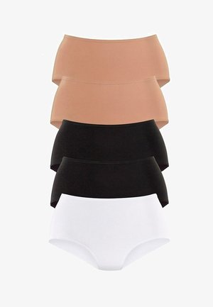 Cinq paires de sous-vêtements extensibles confortables : couleurs nude, noir et blanc ; texture lisse ; design taille haute.