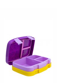 Fioletowa i żółta plastikowa torba na lunch z trzema przegródkami i przezroczystą pokrywką, z bezpiecznym zamknięciem i gładką, błyszczącą powierzchnią.
