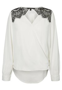 Blusa bianca con scollatura a V e maniche lunghe, caratterizzata da dettagli in pizzo nero sulle spalle. Tessuto morbido e liscio con un orlo arrotondato.