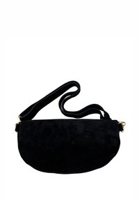 Borsa a tracolla in suede nero con forma arrotondata, tracolla regolabile e dettagli in metallo dorato. Texture liscia con una finitura morbida.