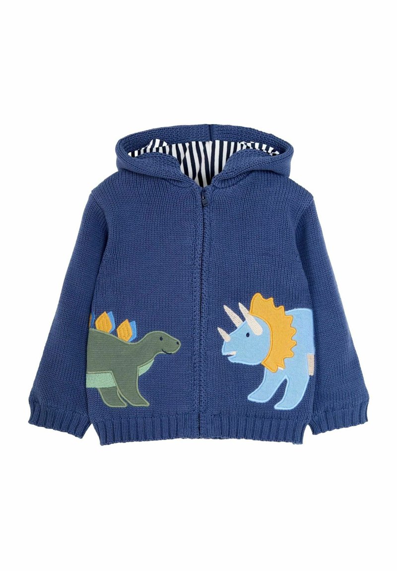 Kék kötött kapucnis pulóver, cipzárral, applikált dinoszaurusz mintákkal: egy zöld stegosaurus és egy kék triceratops színes részletekkel. Csíkos bélés.