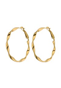 Goldene, gedrehte Creolen zeigen ein wellenförmiges Design mit einer glänzenden Oberfläche und einem sicheren Verschluss. Leicht und rund, ideal für den täglichen Gebrauch.