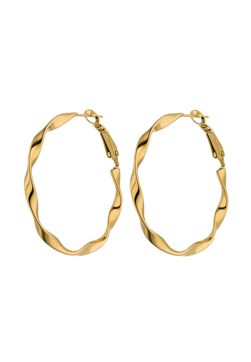 Goldene, gedrehte Creolen zeigen ein wellenförmiges Design mit einer glänzenden Oberfläche und einem sicheren Verschluss. Leicht und rund, ideal für den täglichen Gebrauch.