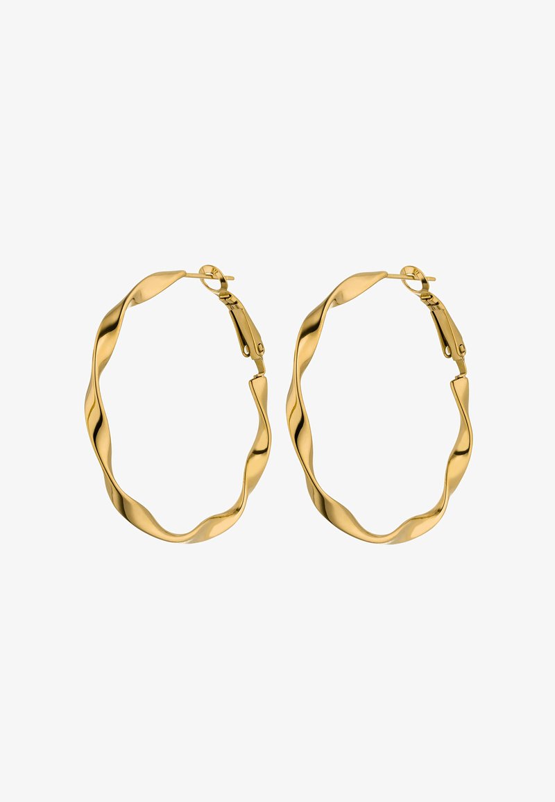 Goldene, gedrehte Creolen zeigen ein wellenförmiges Design mit einer glänzenden Oberfläche und einem sicheren Verschluss. Leicht und rund, ideal für den täglichen Gebrauch.