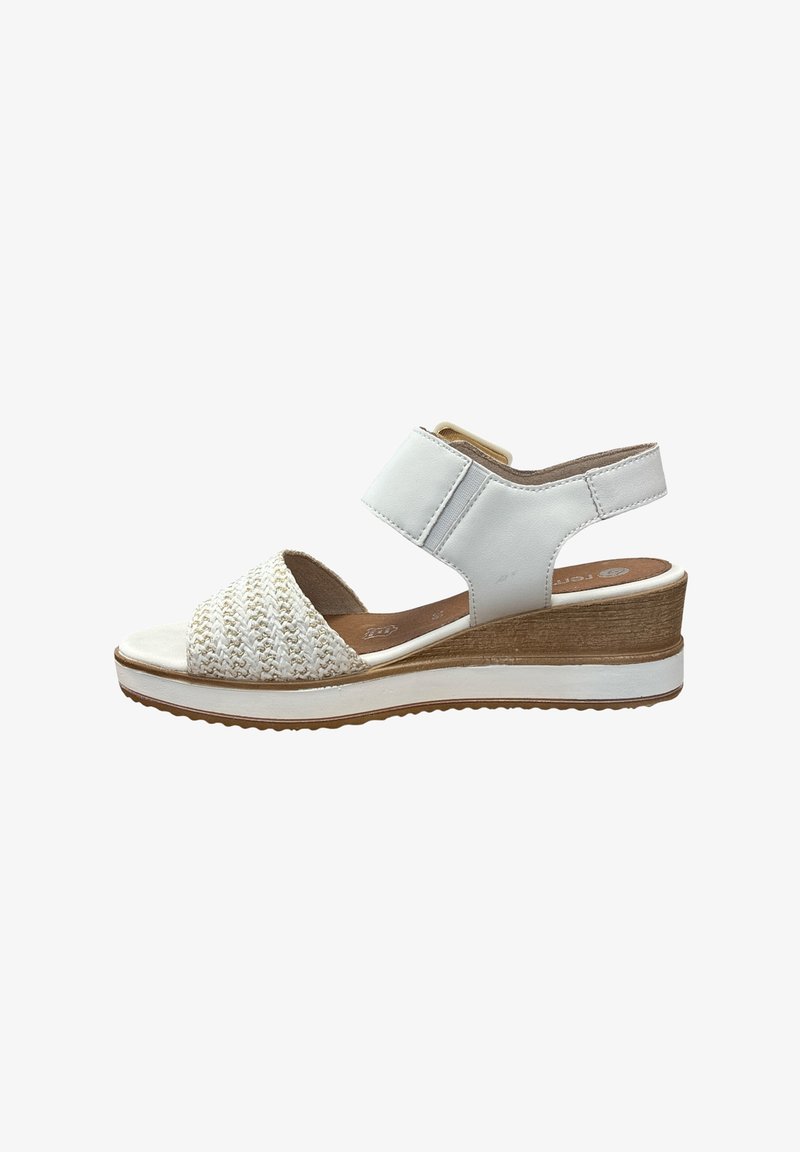 White wedge sandal with woven front strap, wide ankle strap, and wood-textured midsole, designed for casual wear.