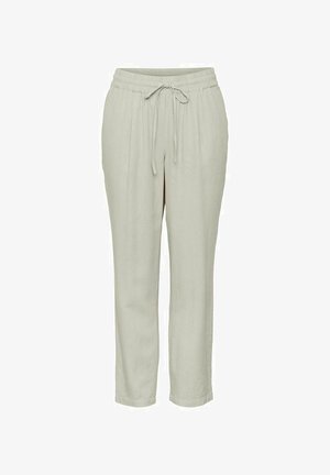 Lys grå bukser med elastisk liv med snøring, smale ben og myk tekstur. Enkelt design, uten mønstre eller detaljer.