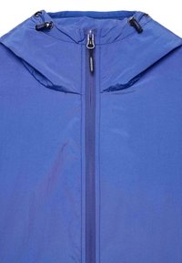 Leichte blaue Jacke mit Kapuze, ausgestattet mit einem zentralen Reißverschluss und Kordelzügen. Glatte Textur, minimales Design und keine sichtbaren Muster.