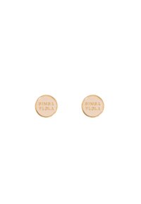 Orecchini circolari in tonalità oro con testo in rilievo "BIMBA Y LOLA" su una superficie liscia, caratterizzati da un design minimalista e bordi eleganti.