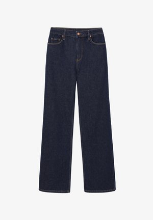 Dark blue jeans with a loose fit, made from denim. Features include a button closure, five-pocket design, and contrast stitching.